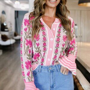 NWT- FLORAL INTARSIA BUTTON-UP SWEATER CARDIGAN